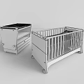 Modern White Baby Crib With Wooden Railings And Matching Drawer Cabinet