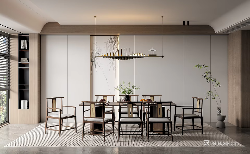 Chinese Style Restaurant Interior With Wooden Tables Chairs Hanging Pendant Lights And Green Plants 3d model 