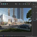 Vibrant Modern Commercial Street With Glass Facade Buildings Pedestrians Umbrellas And Cars