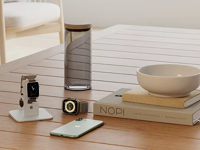 Smart Watch on White Stand on Wooden Table with Green Mobile Phone Books and Bowl 3d model