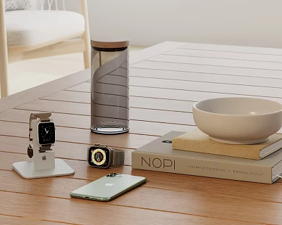 Smart Watch on White Stand on Wooden Table with Green Mobile Phone Books and Bowl 3d model