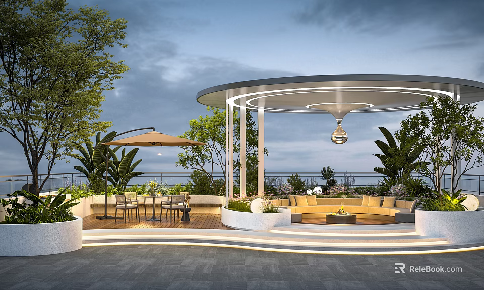 Modern Garden Terrace With Circular Pavilion Lighting Green Plants And Sofa Area 3d model 
