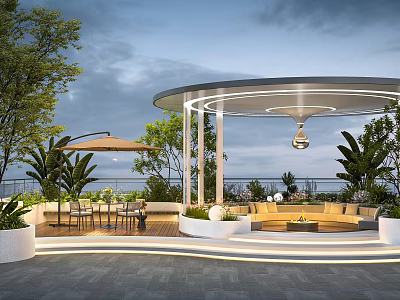 Modern Garden Terrace With Circular Pavilion Lighting Green Plants And Sofa Area 3d model