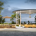 Modern Garden Terrace With Circular Pavilion Lighting Green Plants And Sofa Area
