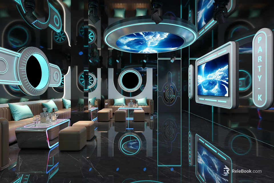 Modern KTV Lounge Interior With Neon Blue Lighting Large Screens And Sofa Seating 3d model 