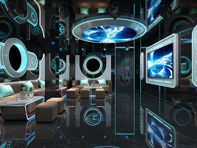 Modern KTV Lounge Interior With Neon Blue Lighting Large Screens And Sofa Seating 3d model