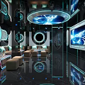 Modern KTV Lounge Interior With Neon Blue Lighting Large Screens And Sofa Seating