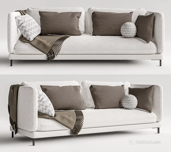 Modern White Multi Seater Sofa With Brown Pillows And Throw Blanket 3d model