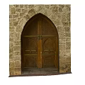 Arched Stone Door with Wooden Panels and Metal Decorative Details