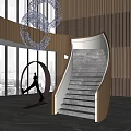 Modern Elegant Staircase With Metal Railings Stone Steps Large Windows City View Sculpture