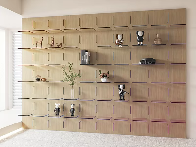 Modern Wooden Wall Bookcase With Geometric Shelves Decorative Items Potted Plant And Figurines 3d model