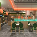 Dehu Hotpot Restaurant Interior With Green Signboard Beverage Refrigerator And Fresh Produce
