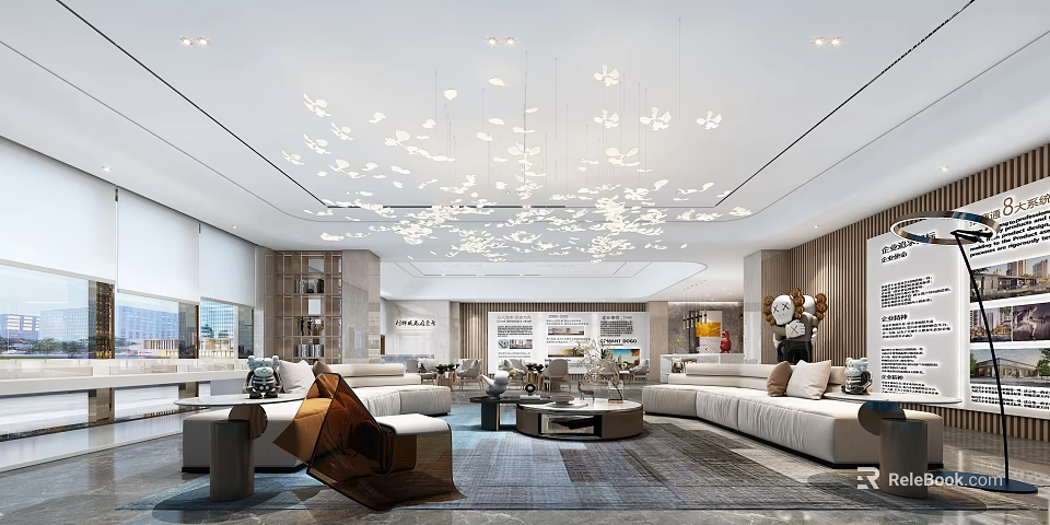 Modern Luxury Spacious Bright Sales Office Interior With Sofa Chandelier Decorative Paintings And Carpet 3d model 
