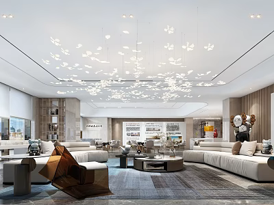Modern Luxury Spacious Bright Sales Office Interior With Sofa Chandelier Decorative Paintings And Carpet 3d model