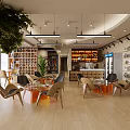 Modern Cafe Open Space With Wooden Tables Chairs Central Tree Hanging Lights And Bookshelves