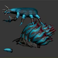 Blue Horned Mythical Animal Standing On Textured Glowing Structure With Small Blue Fragments Around