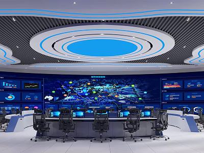 Modern High Tech Control Room With Large Screens Displaying World Map Data Charts And Workstations 3d model