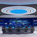 Modern High Tech Control Room With Large Screens Displaying World Map Data Charts And Workstations 3d model