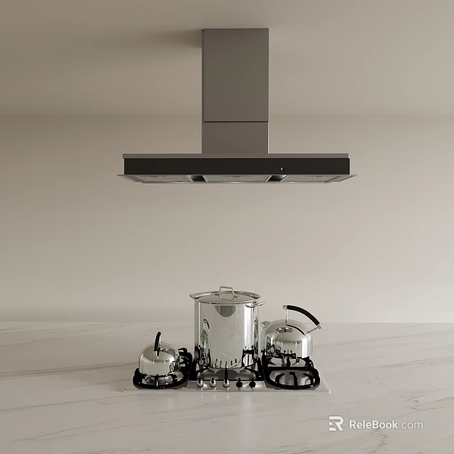 Silver Cookware Pots On Gas Stove Under Range Hood With White Countertop And Light Wall 3d model 