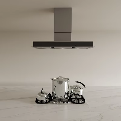 Silver Cookware Pots On Gas Stove Under Range Hood With White Countertop And Light Wall 3d model
