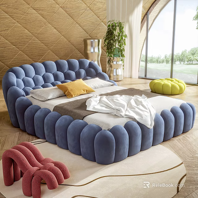 Blue Double Bed With Soft Tufted Design Yellow Pillow White Gray Bedding And Green Footstool 3d model 