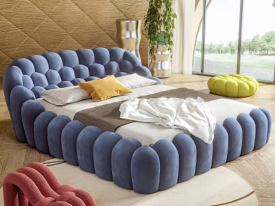 Blue Double Bed With Soft Tufted Design Yellow Pillow White Gray Bedding And Green Footstool 3d model