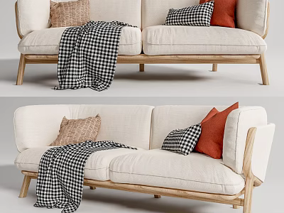Modern Two Seater Beige Sofa With Wooden Legs Cozy Pillows And Plaid Blanket 3d model