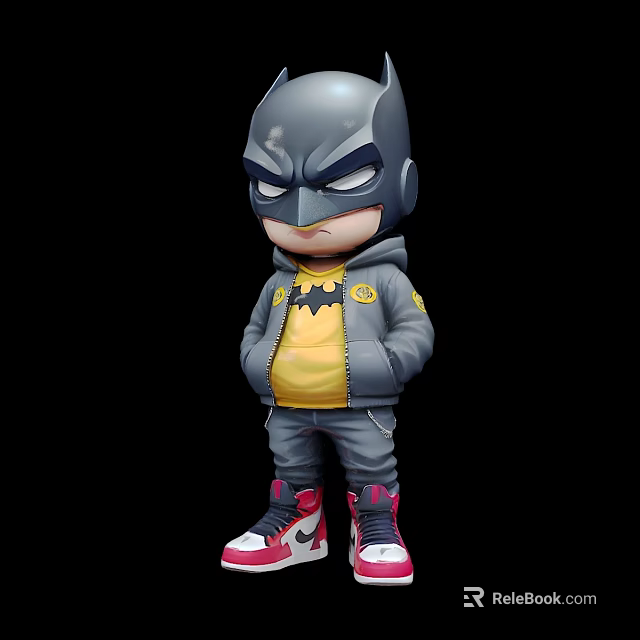 Batman Doll With Gray Helmet Yellow T-shirt Stylish Hoodie Logo Gray Pants And Pink Sneakers 3d model 
