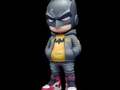 Batman Doll With Gray Helmet Yellow T-shirt Stylish Hoodie Logo Gray Pants And Pink Sneakers 3d model