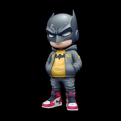 Batman Doll With Gray Helmet Yellow T-shirt Stylish Hoodie Logo Gray Pants And Pink Sneakers 3d model