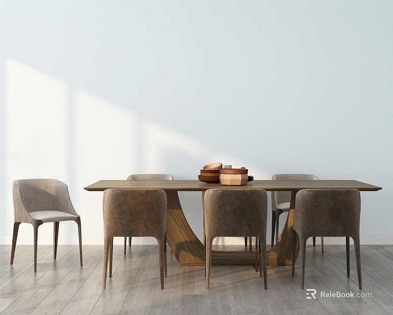 Modern Wooden Dining Table Set With Light Gray Chairs In Minimalist Space 3d model 