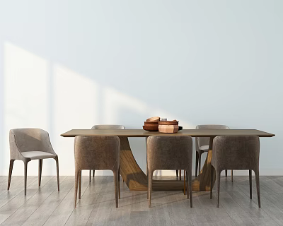 Modern Wooden Dining Table Set With Light Gray Chairs In Minimalist Space 3d model
