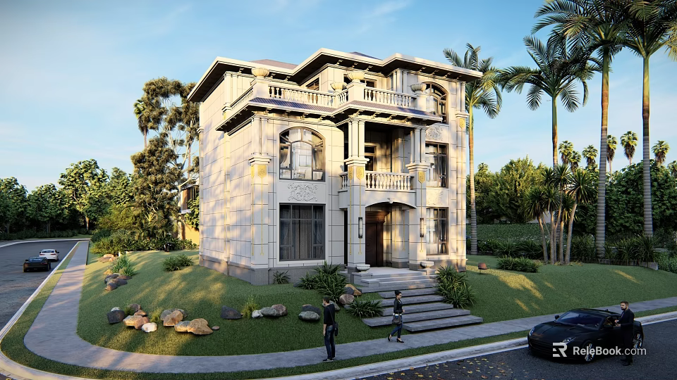 Classical Detached Villa With Stone Exterior Lawn Palm Trees And Front Steps 3d model 