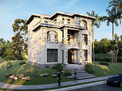 Classical Detached Villa With Stone Exterior Lawn Palm Trees And Front Steps 3d model