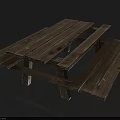 Wooden Outdoor Table With Attached Benches And Natural Wood Finish