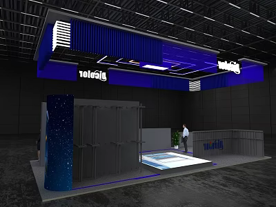 Modern Exhibition Booth Design With Blue Ceiling Gray Structure Lighting And Floor Accents 3d model