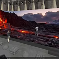 Immersive Volcanic Landscape Viewing Area With Large Curved Screen And Round Cushions For Audience