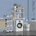 White Bathroom Storage Shelf With Cleaning Supplies And Washing Machine Setup