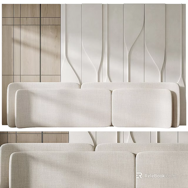 Modern Minimalist Bed Backdrop Wall Interior With Textured Lines And Soft Beige Tones 3d model 