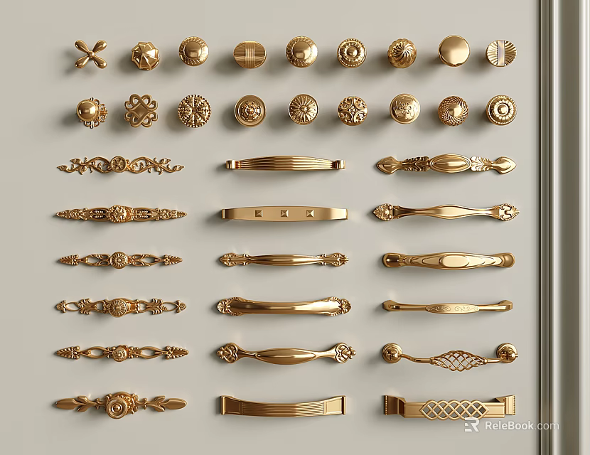 Gold Furniture Handles In Various Styles For Cabinets And Drawers 3d model 
