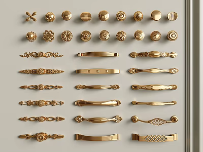 Gold Furniture Handles In Various Styles For Cabinets And Drawers 3d model