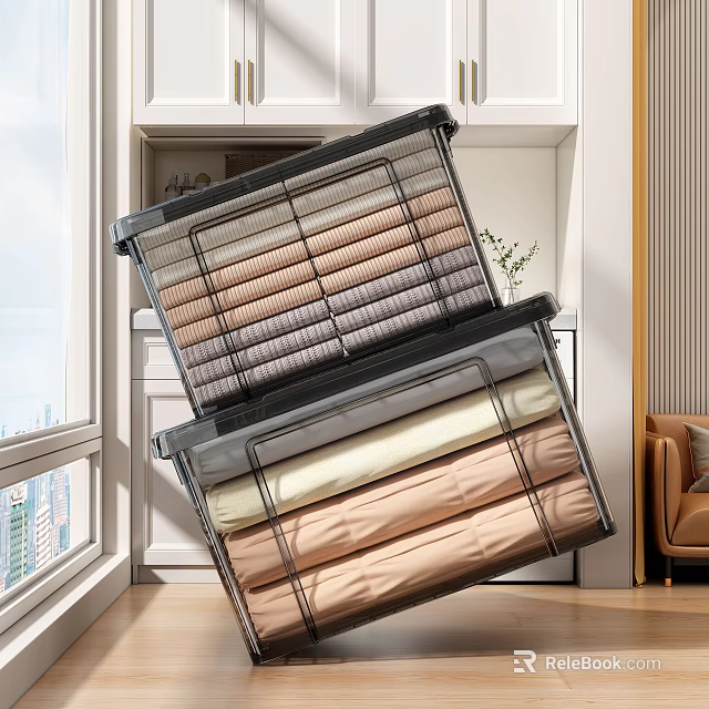 Neatly Folded Clothes Of Various Colors In Transparent Storage Bins At Home 3d model 