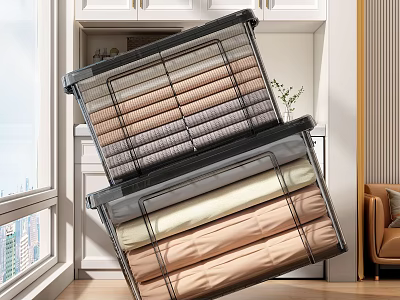 Neatly Folded Clothes Of Various Colors In Transparent Storage Bins At Home 3d model
