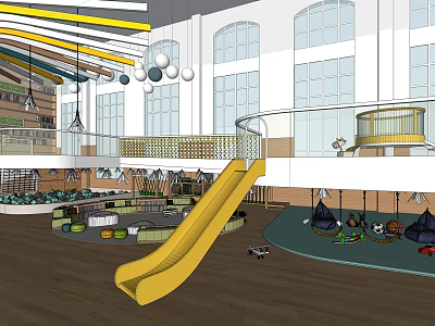 Colorful Kindergarten Indoor Playground With Yellow Slide Hanging Rings Two Level Structure And Large Windows 3d model