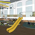Colorful Kindergarten Indoor Playground With Yellow Slide Hanging Rings Two Level Structure And Large Windows