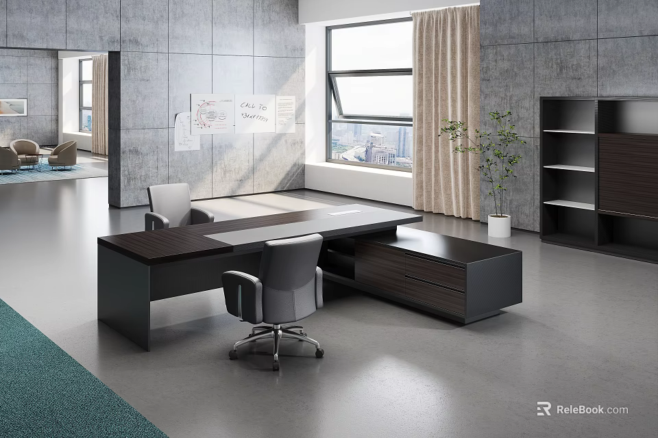 Modern Office Interior With Large Desk Ergonomic Chair Window Curtains And Bookshelf 3d model 
