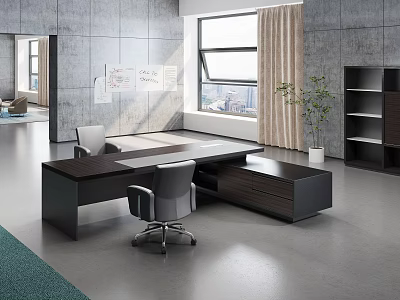 Modern Office Interior With Large Desk Ergonomic Chair Window Curtains And Bookshelf 3d model