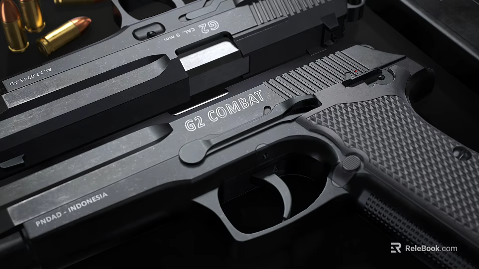 Tactical G2 Combat Handgun With Textured Grip And Ammunition Black Finish 3d model 