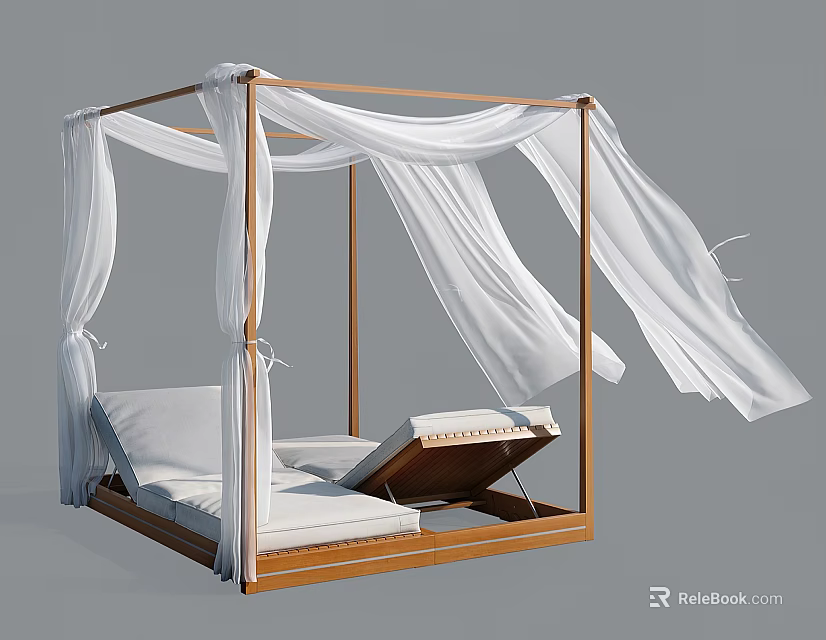 Modern Minimalist Four Poster Double Bed With Wooden Frame And Flowing White Canopy Curtains 3d model 