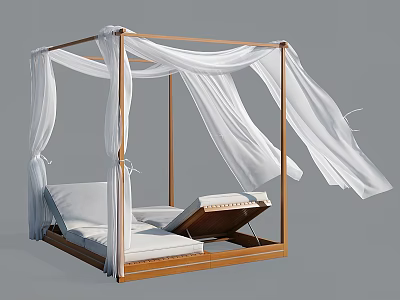 Modern Minimalist Four Poster Double Bed With Wooden Frame And Flowing White Canopy Curtains 3d model